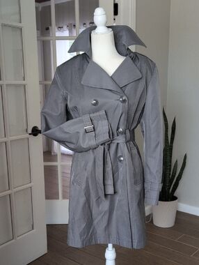 Gallery Gray Double-Breasted Trench Coat with Belt Medium